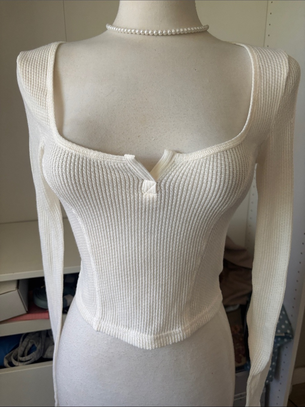 Urban Outfitters Cream Ribbed Square-Neck Notch Long-Sleeve Crop Top